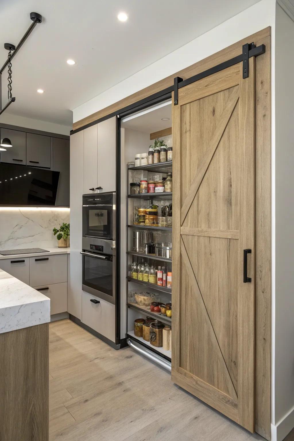 A modern kitchen showcasing an innovative sliding mechanism for the barn door pantry.