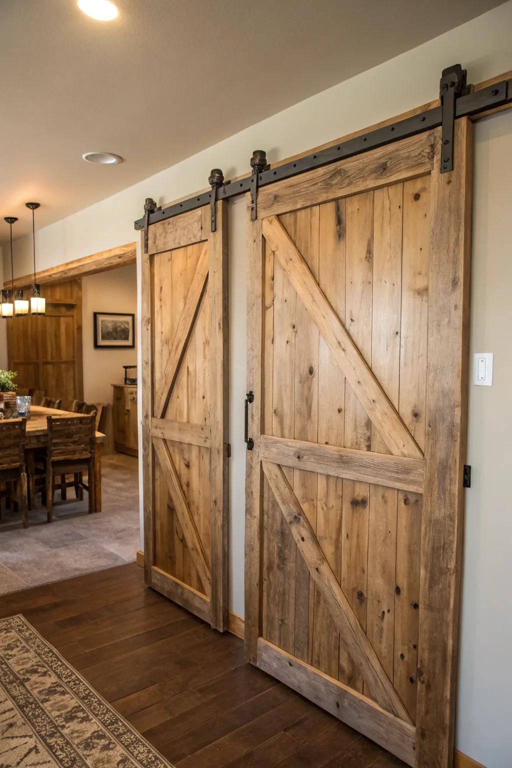 Sliding barn doors adding country charm to the interior.