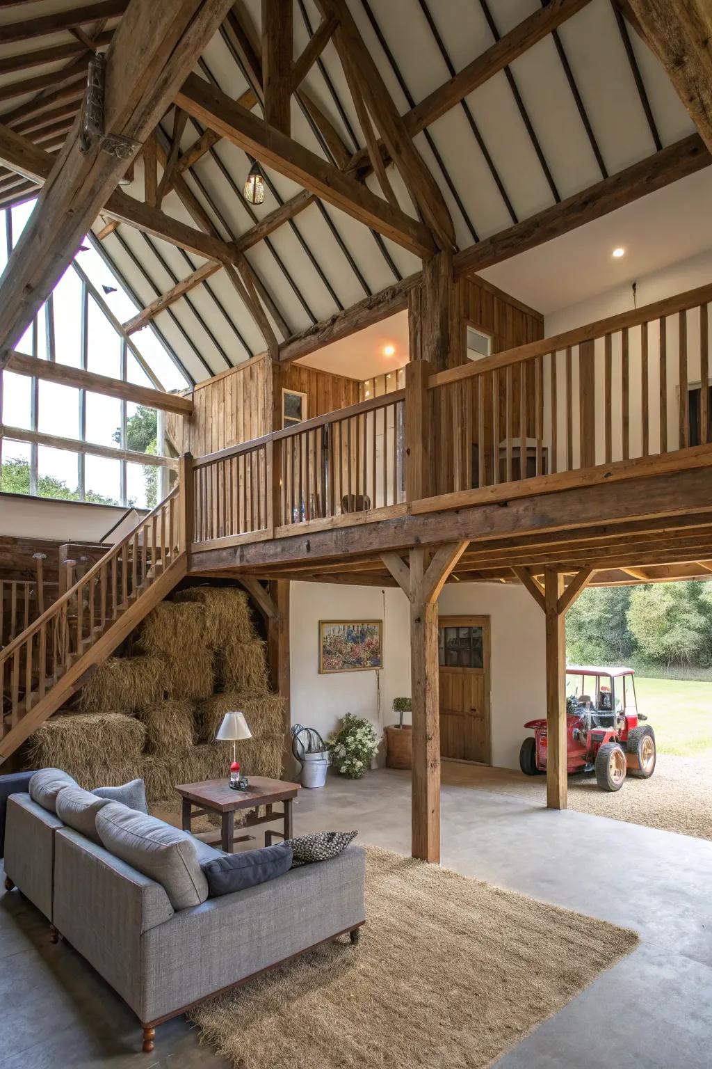 A barn loft with a raised level, offering additional space and style.