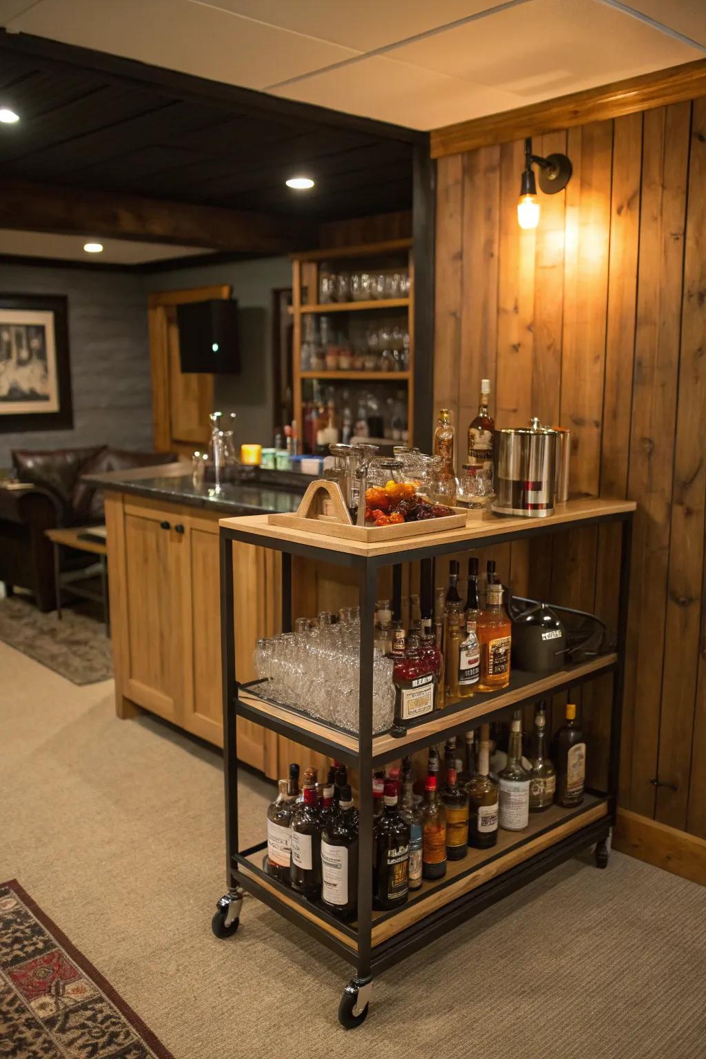 A bar trolley adds flexibility and style to your basement setup.
