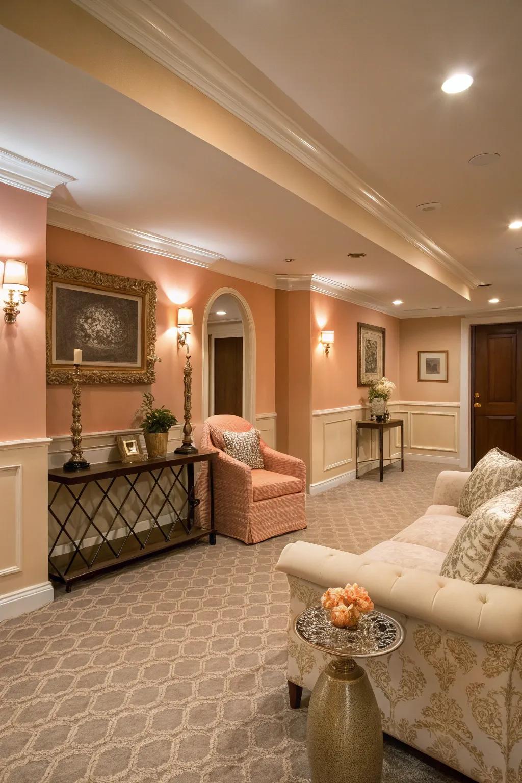 Soft peach walls lend subtle elegance to this chic basement.