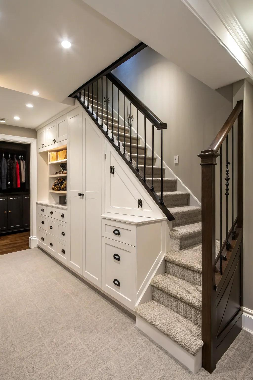 Unique units offer polished and arranged under-stair storage.