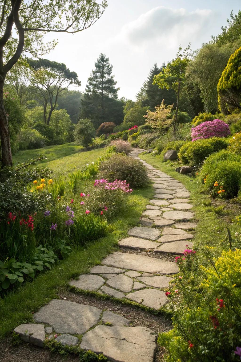 Flat stones add whimsy and guide footsteps through the garden.