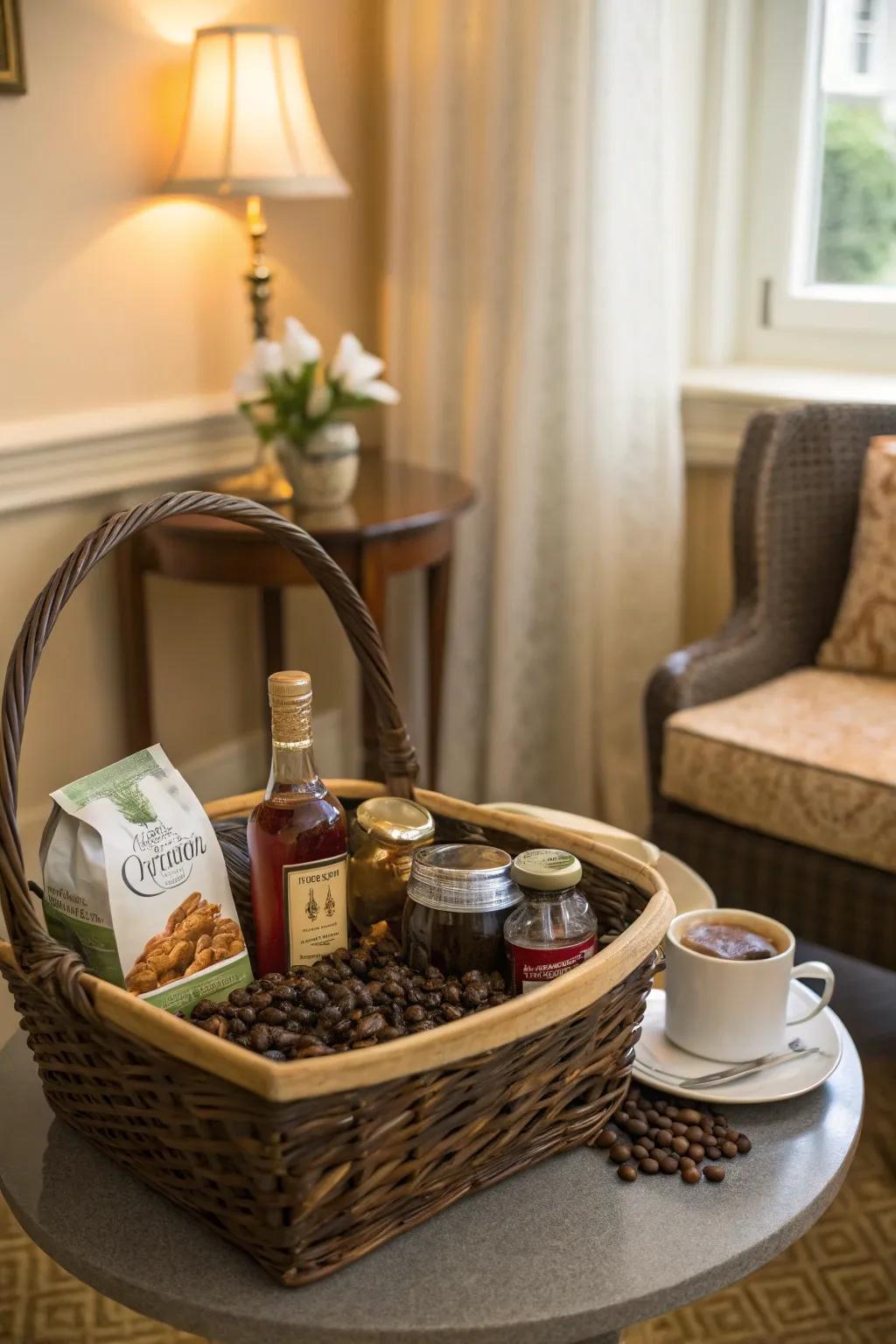Luxury coffee or tea enhances the basket with warm sophistication.