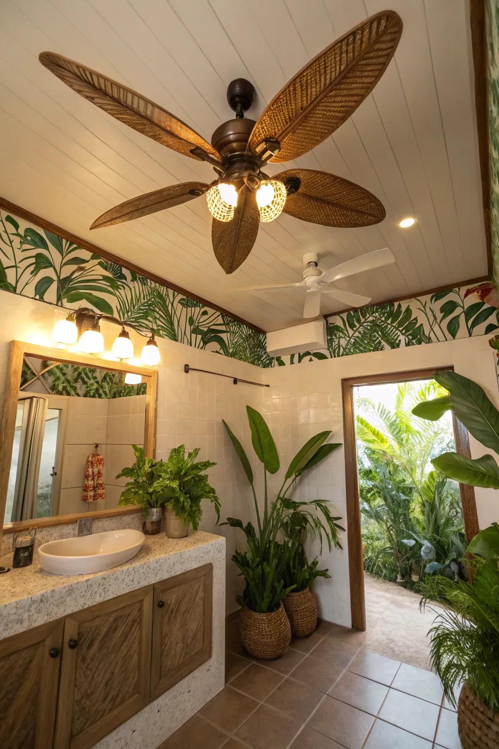 A tropical-themed bathroom showcasing a fan featuring leaf-shaped blades.