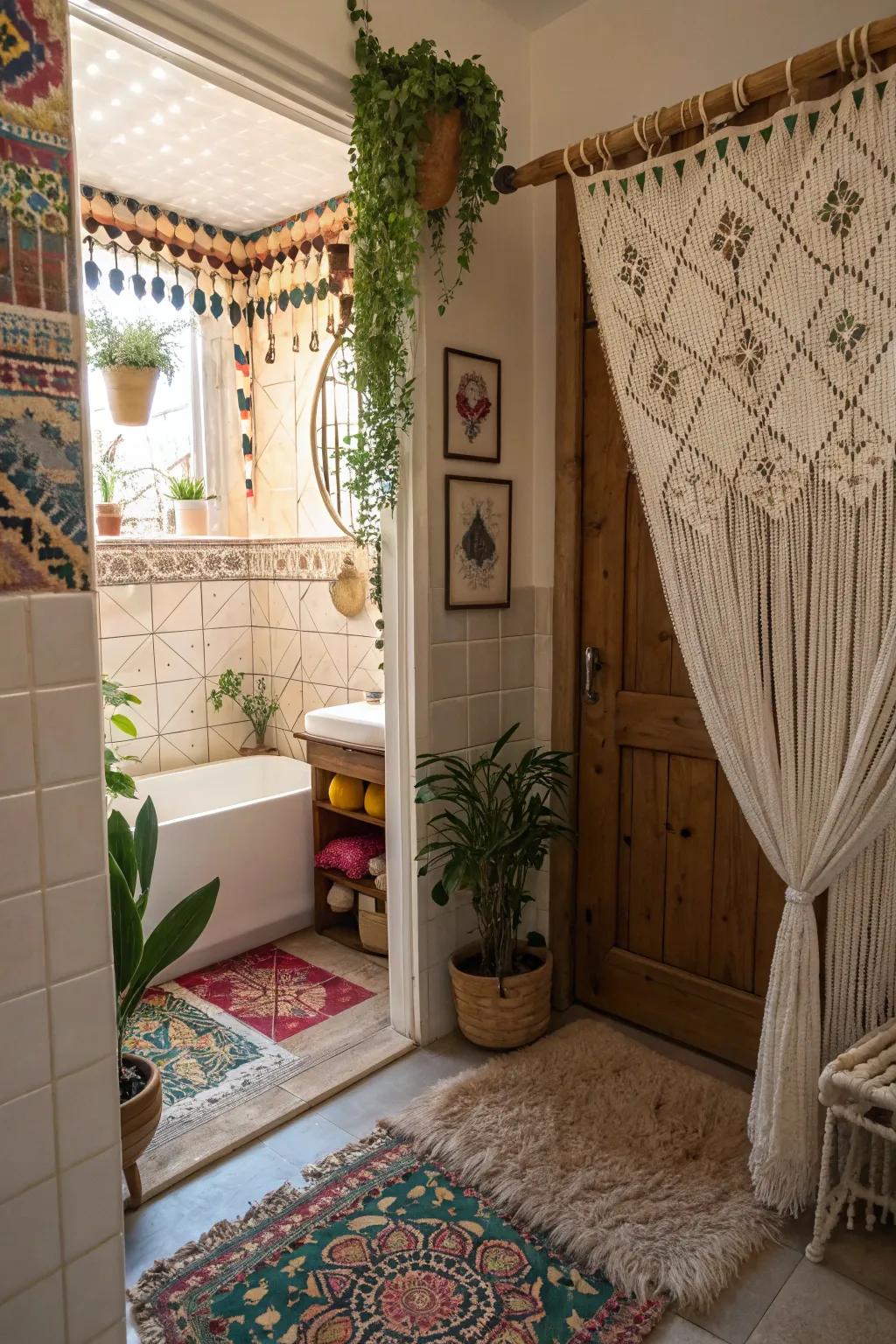 Your bathroom gains a bohemian, airy atmosphere from beaded doors.