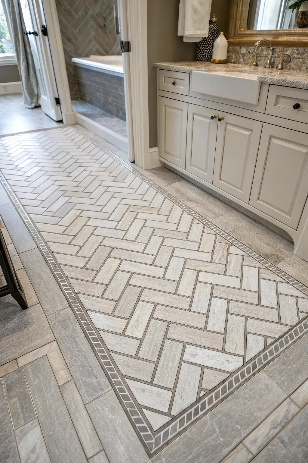 Herringbone tiles enhance elegance and flow.
