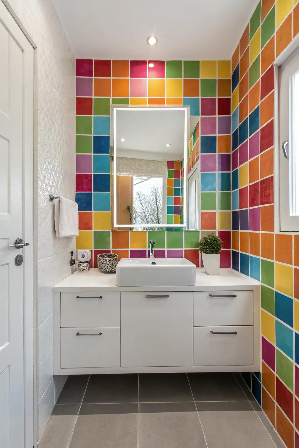 A bathroom design captivates with vibrant colors and patterns.