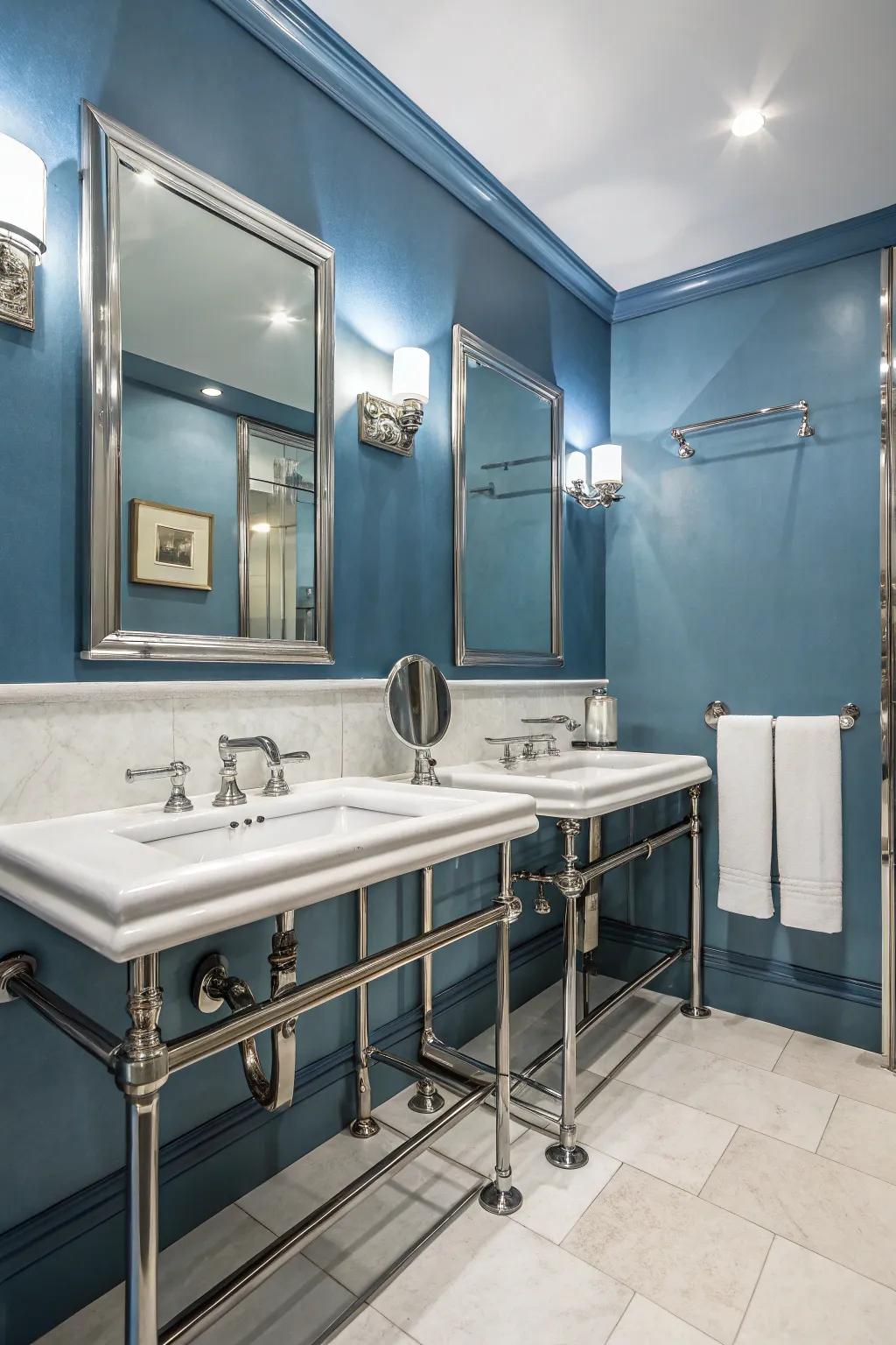 Icy cobalt walls provide a sleek, modern bathroom ambiance.