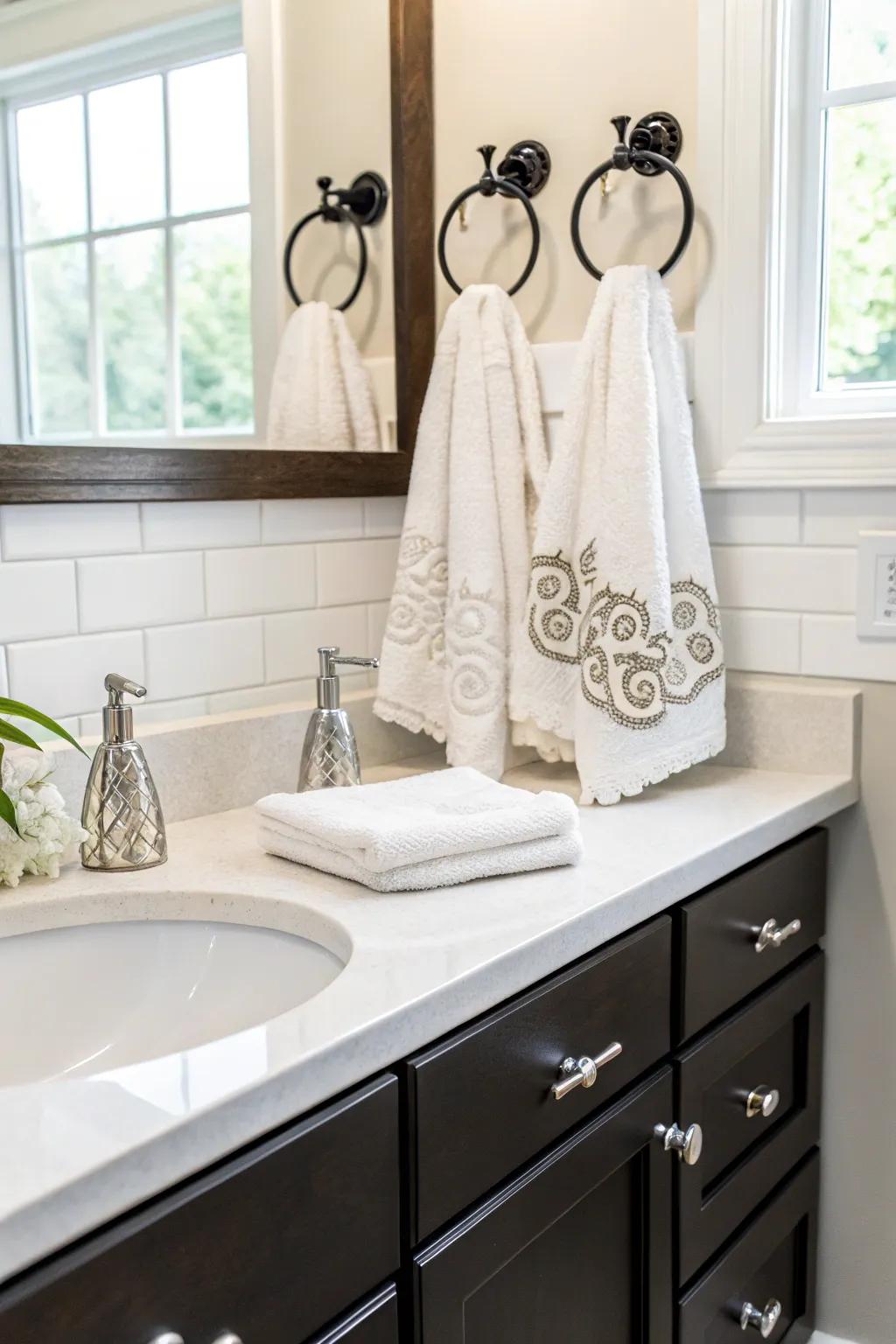 Decorative hooks offer functionality and style.