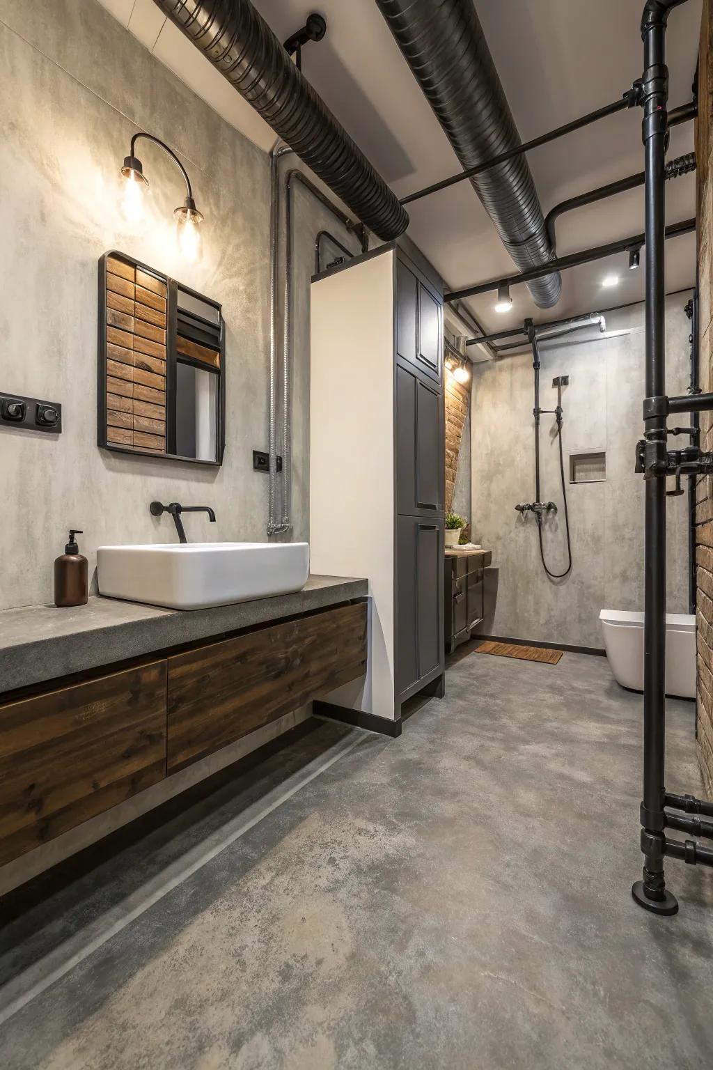 Resilient flooring with a concrete look adds an industrial edge to this modern bathroom.