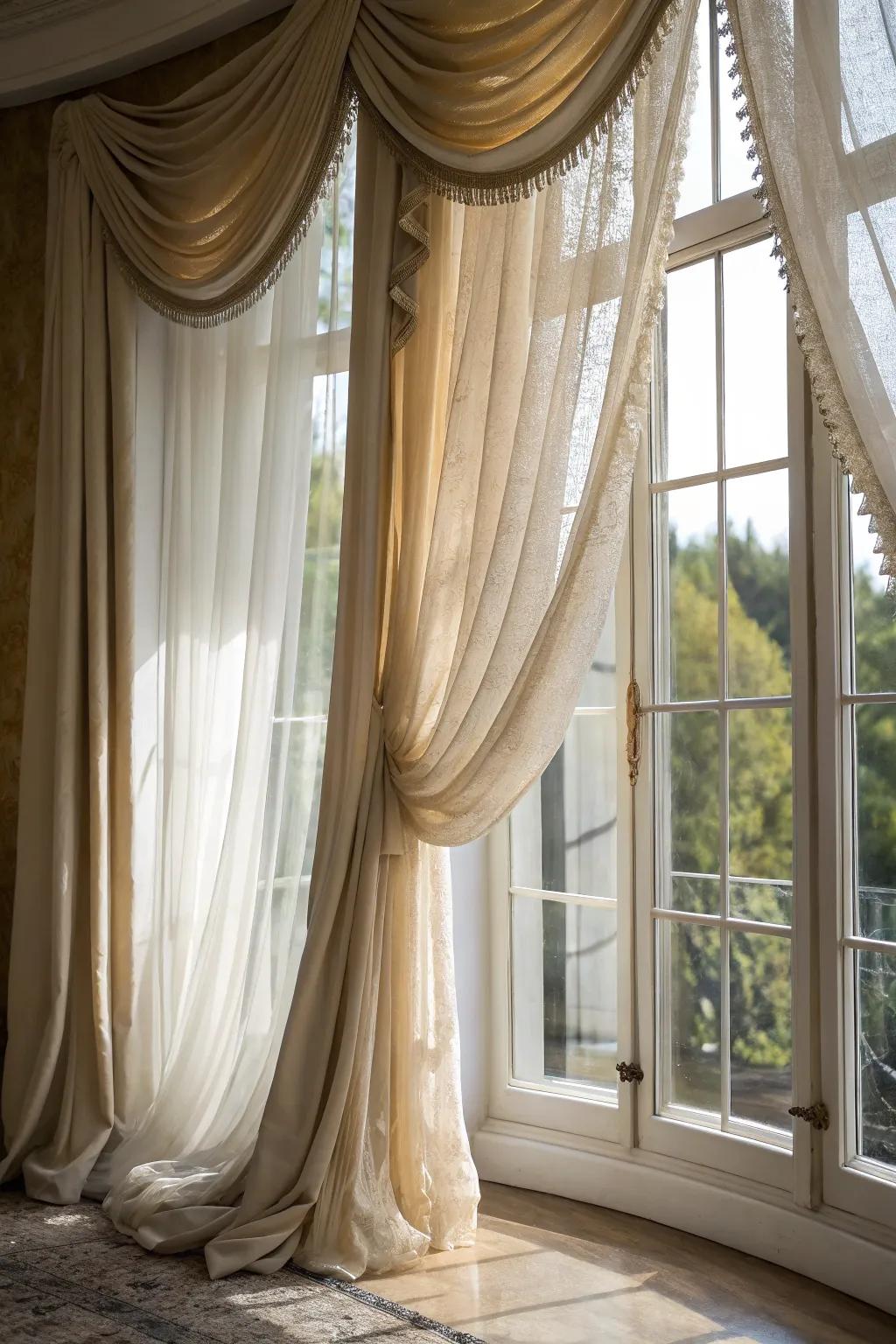 Layer textiles to create dimension and refinement within your bay window.