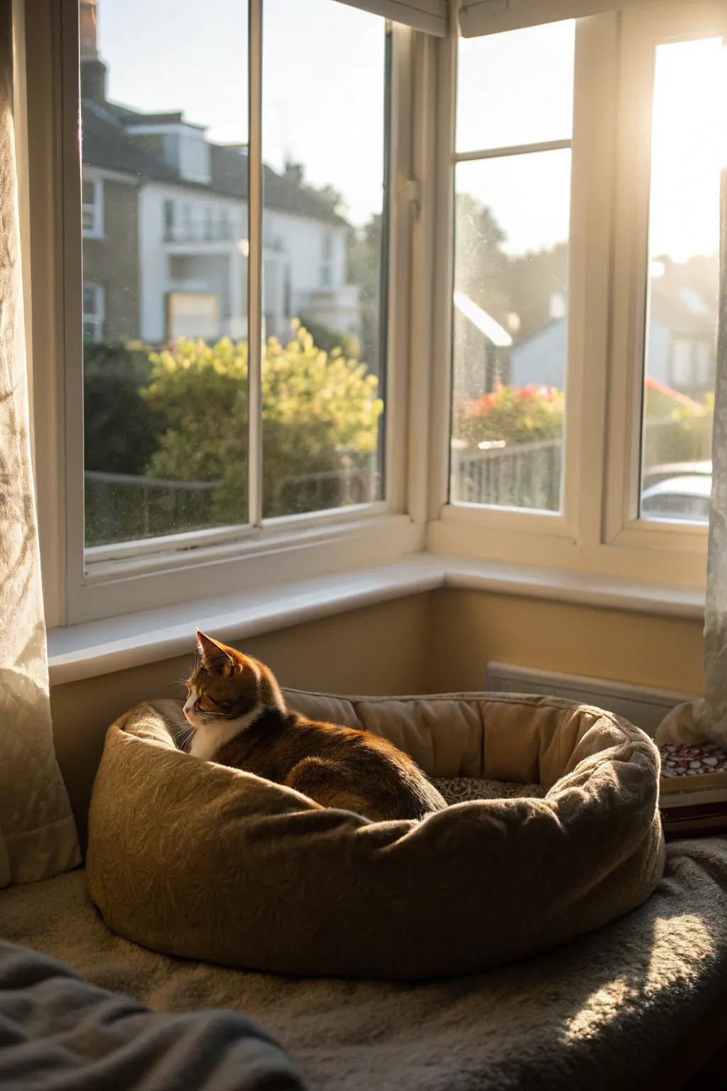 A pet-friendly perch in the bay window provides a sunny spot for your furry friend.