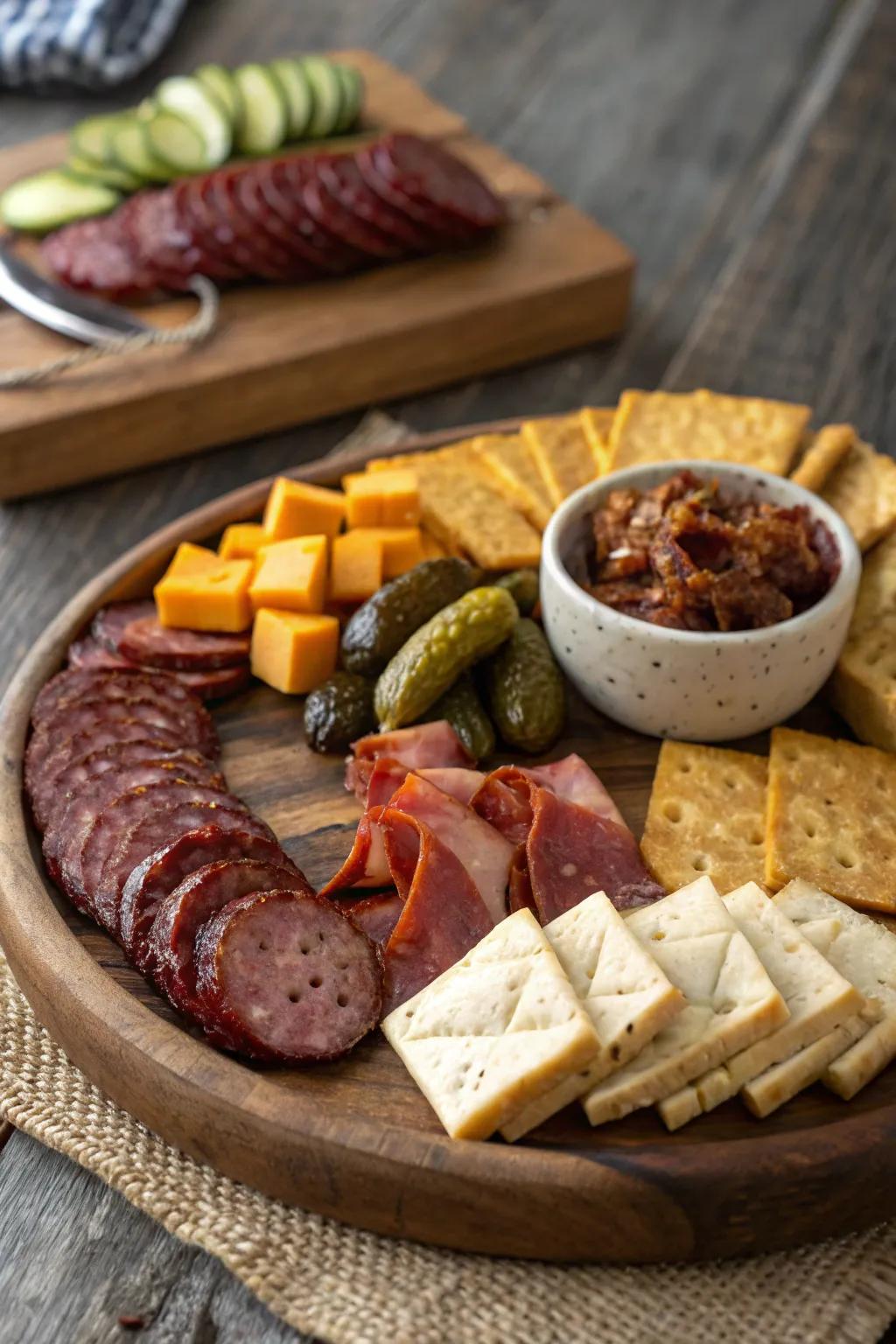 A country-style wood platter sets the perfect stage for your board