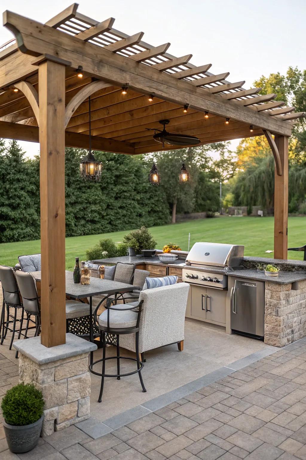 Enjoy a shaded retreat with a pergola BBQ island.