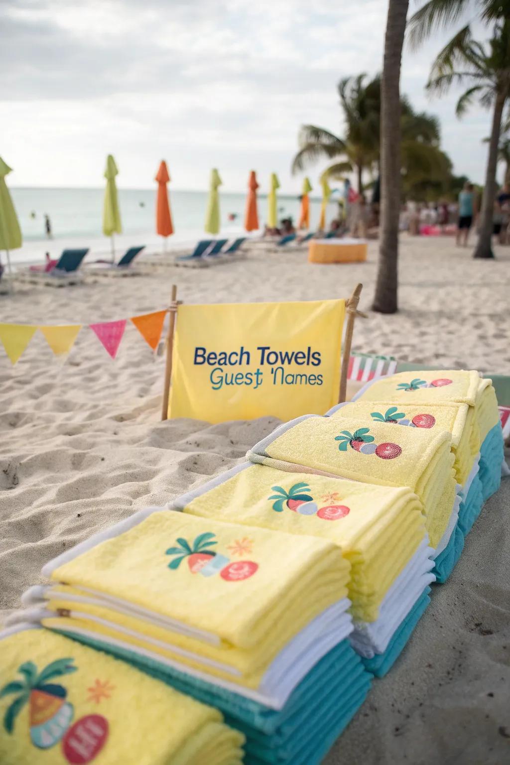 Custom beach wraps serve as practical and unforgettable favors.