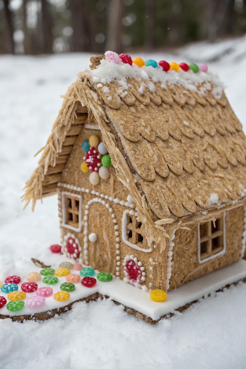 A grass roof gives the gingerbread house an inviting beach cottage appearance.