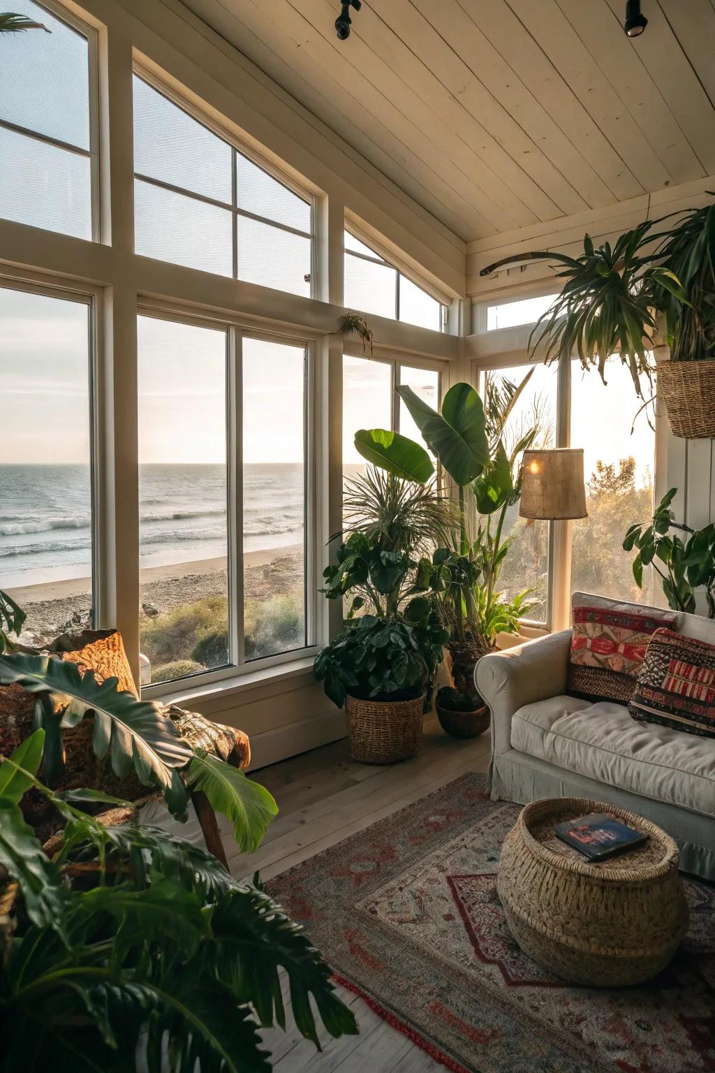 Lush indoor plants bring life and freshness to this beach house.