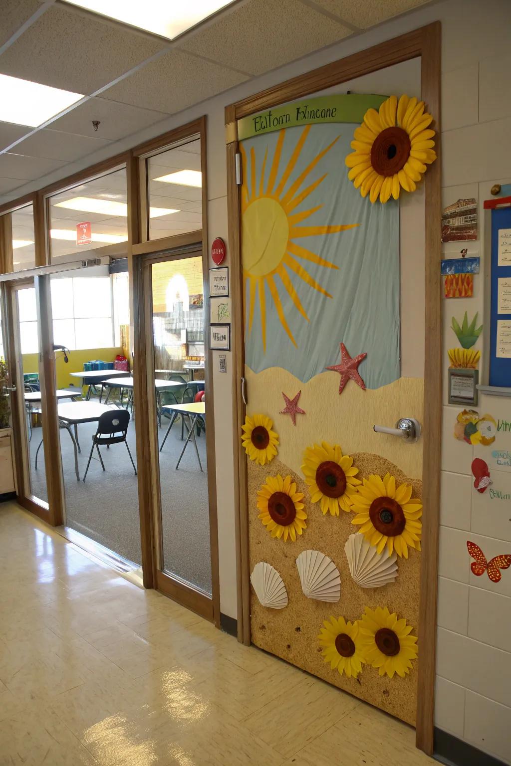 Classroom entrance with a cheerful sun and sand theme.