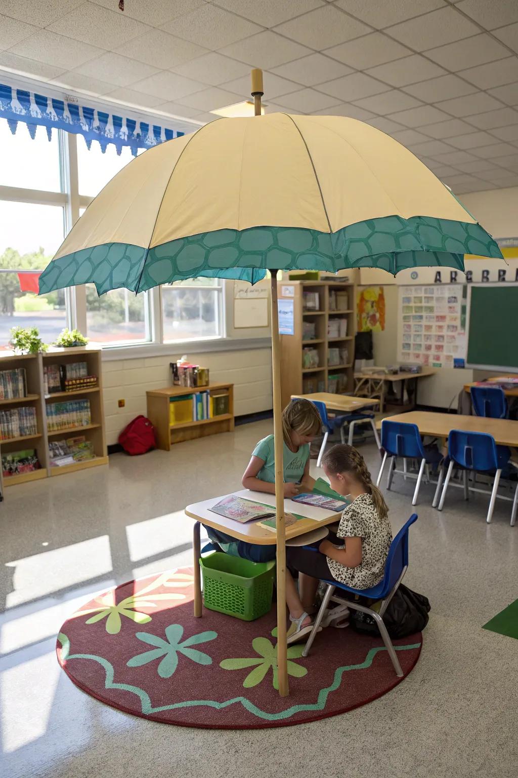 A beach umbrella adds a whimsical and practical touch to the classroom aesthetic.