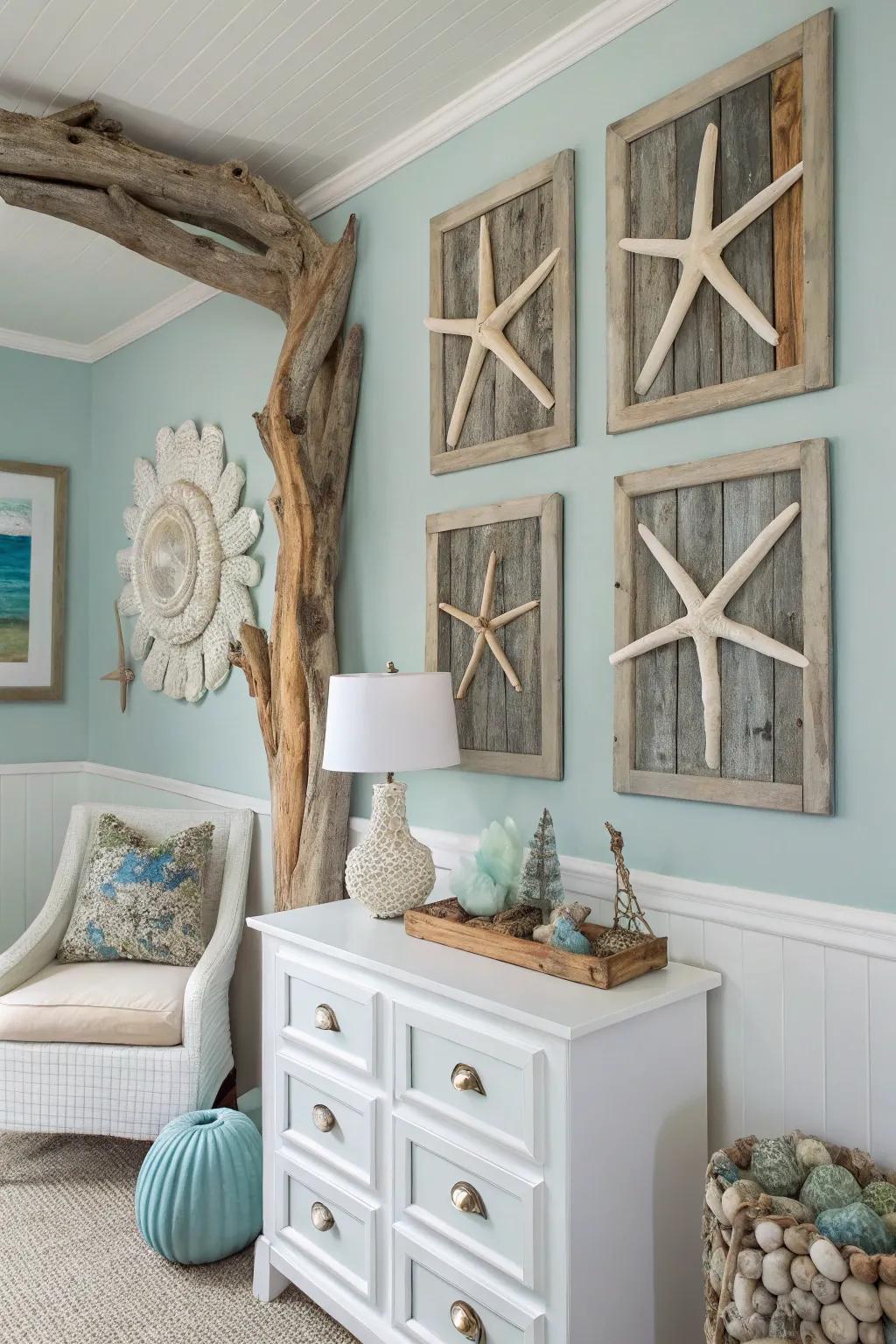 Driftwood art contributes a rustic beachy touch.