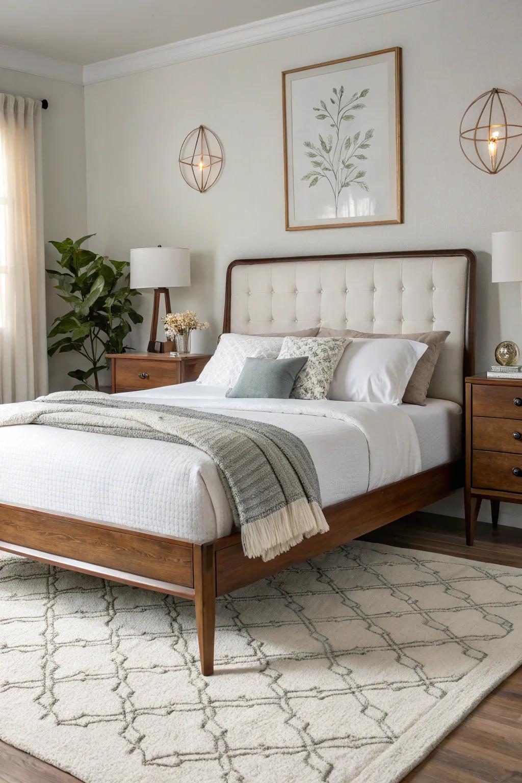 A mid-century modern bed frame mixes classic and modern design.