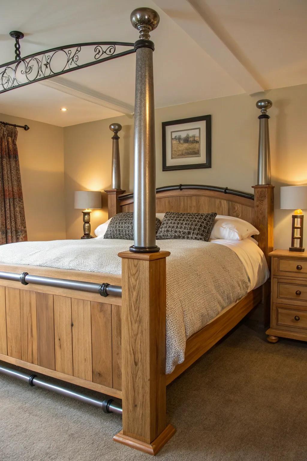 Varied material bedposts offer a modern, eclectic aesthetic.