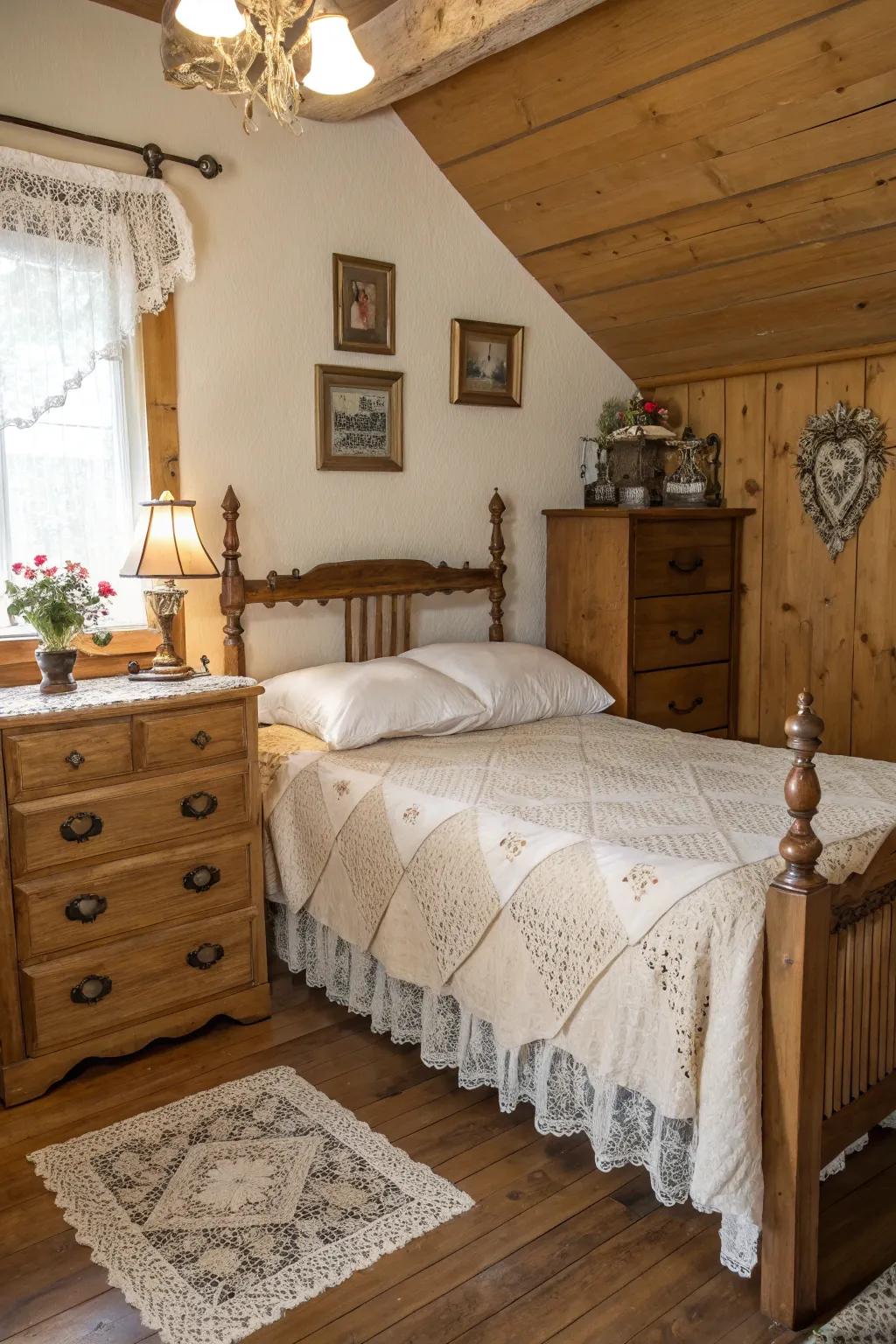 Rustic wooden furniture adds warmth and vintage charm to this cozy bedroom.