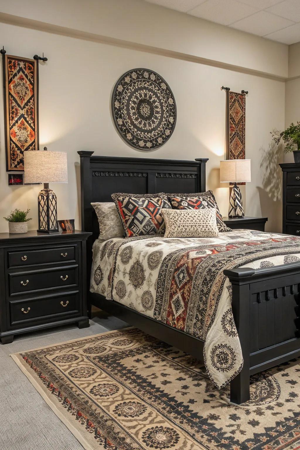 Patterns in textiles moderate the boldness of dark furniture, creating harmony.