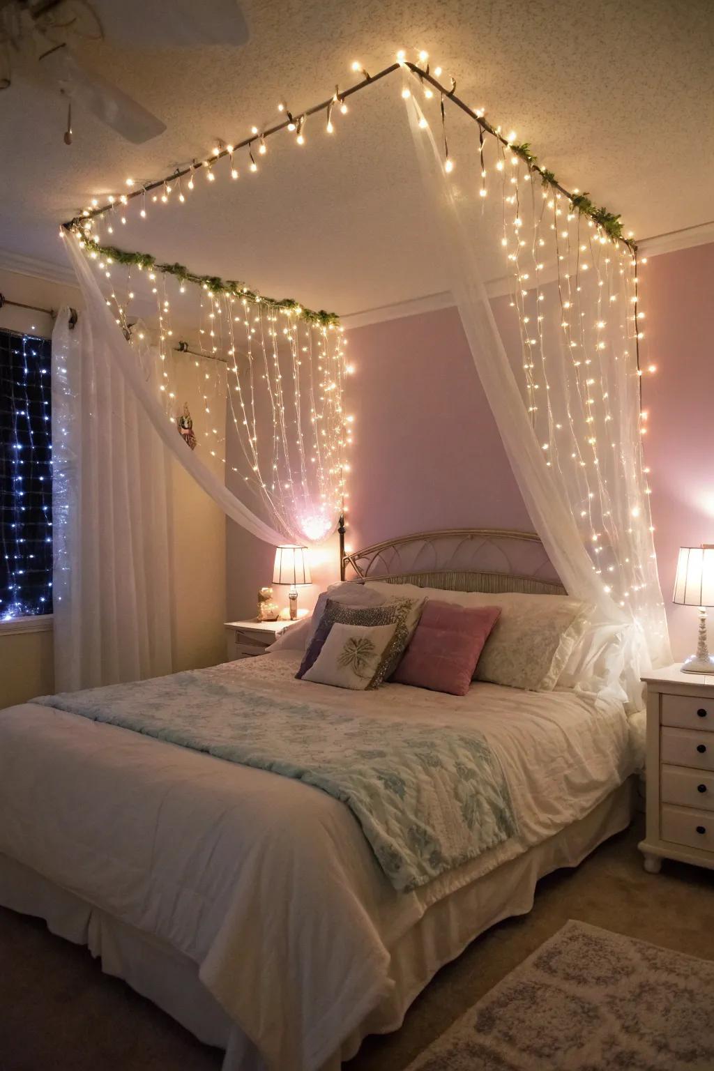 Fairy lights contribute a whimsical accent to bedroom décor.