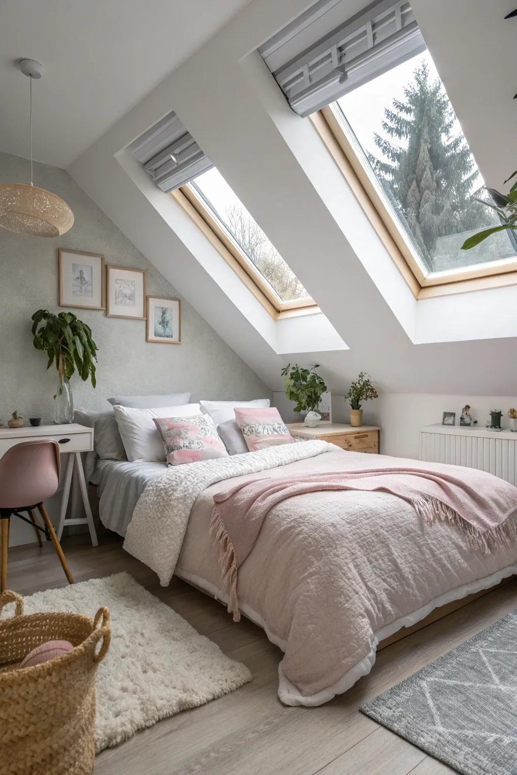 Overhead windows provide natural light and a hint of the sky in your loft.