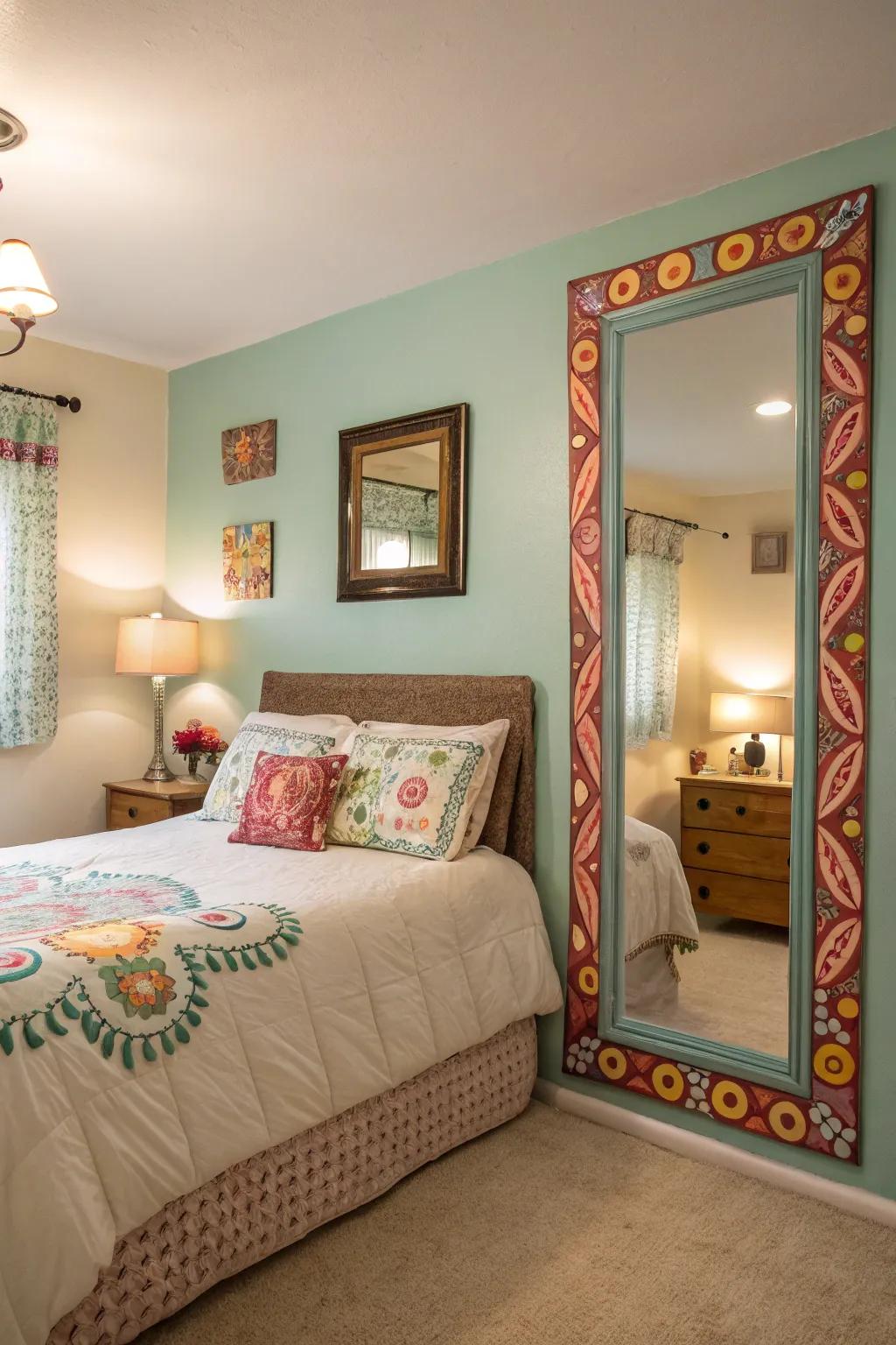 A creative mirror DIY project adds a personal touch to the bedroom decor.