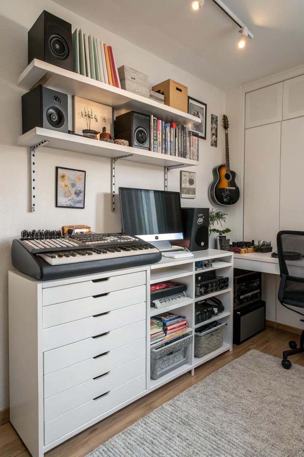 Under-desk storage helps optimize space in your music studio.