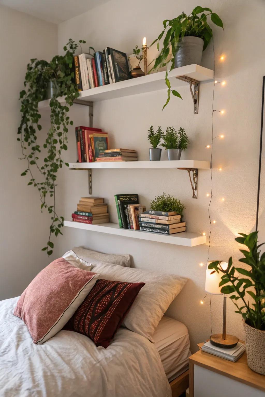 Wall mounted shelves offer functional and fashionable display options for bedroom walls.