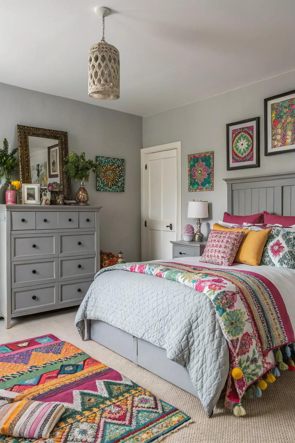 Gray furniture balancing an eclectic mix of colors.