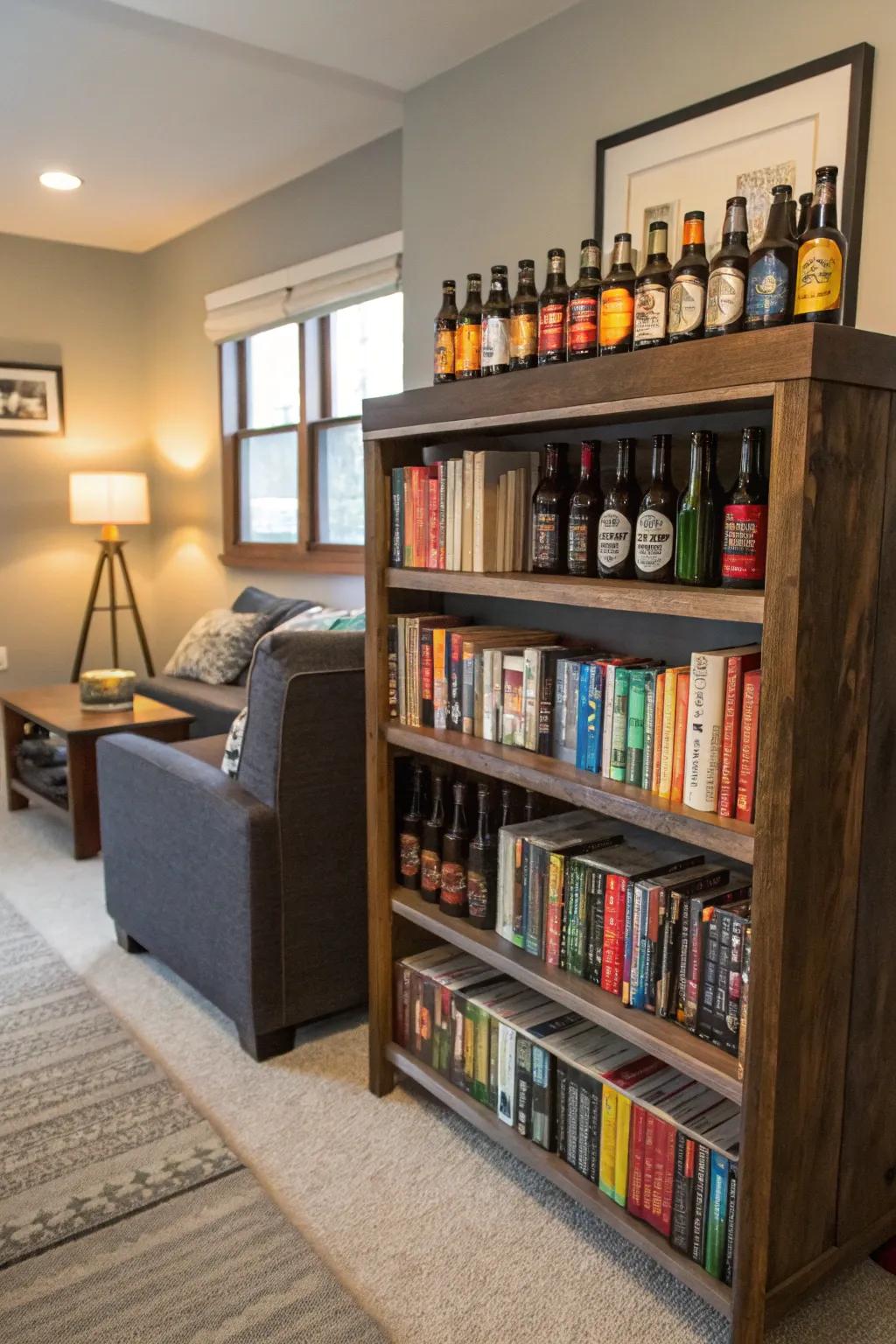 A repurposed bookshelf in the parlor displaying ale bottles.