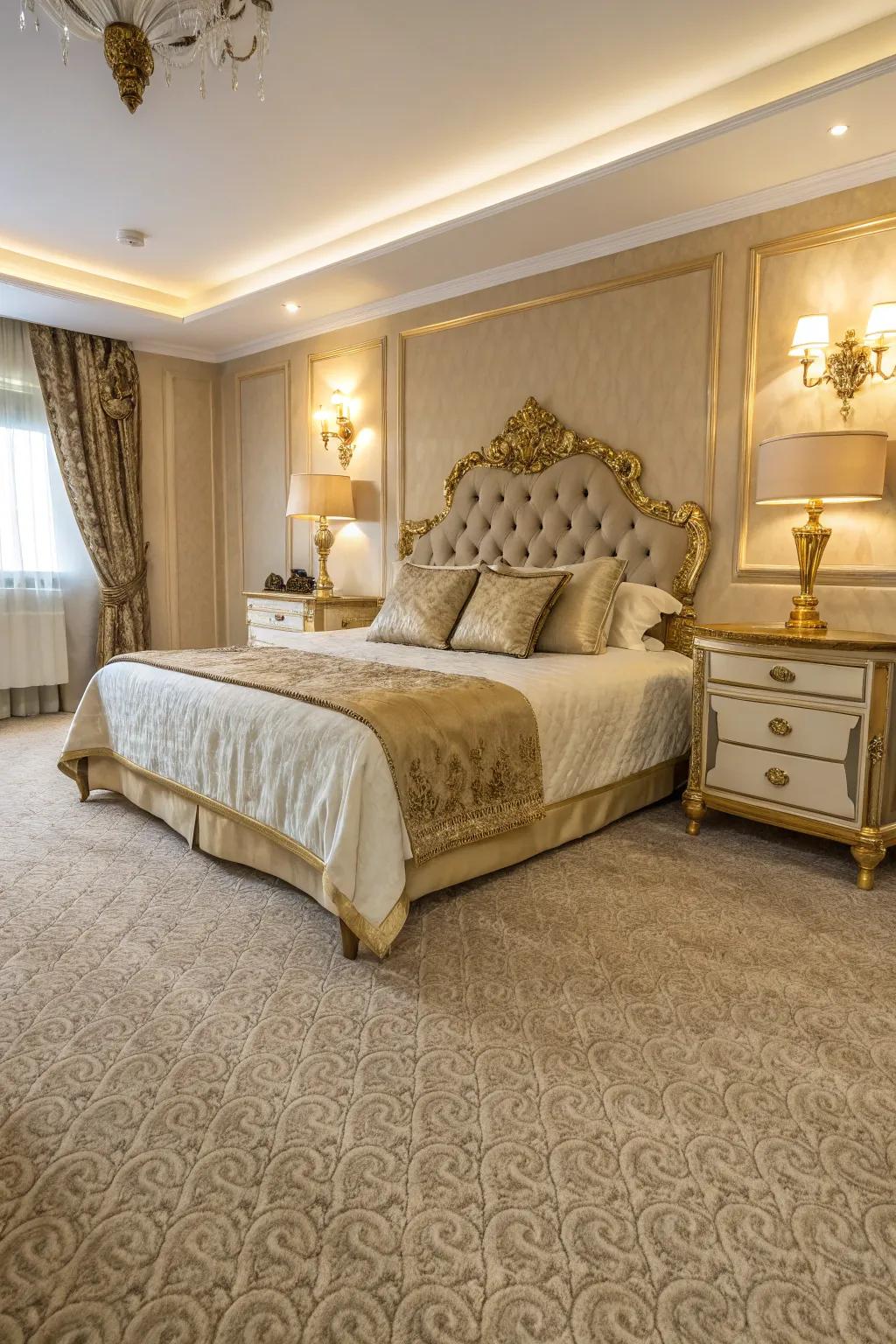 A hint of gold contributes a luxurious sensation to this bedroom that features a beige carpet.