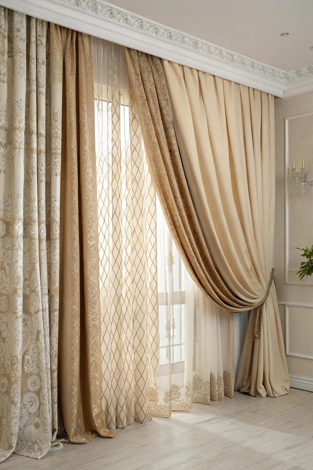 This beige interior is made more elegant and private with layered window treatments.