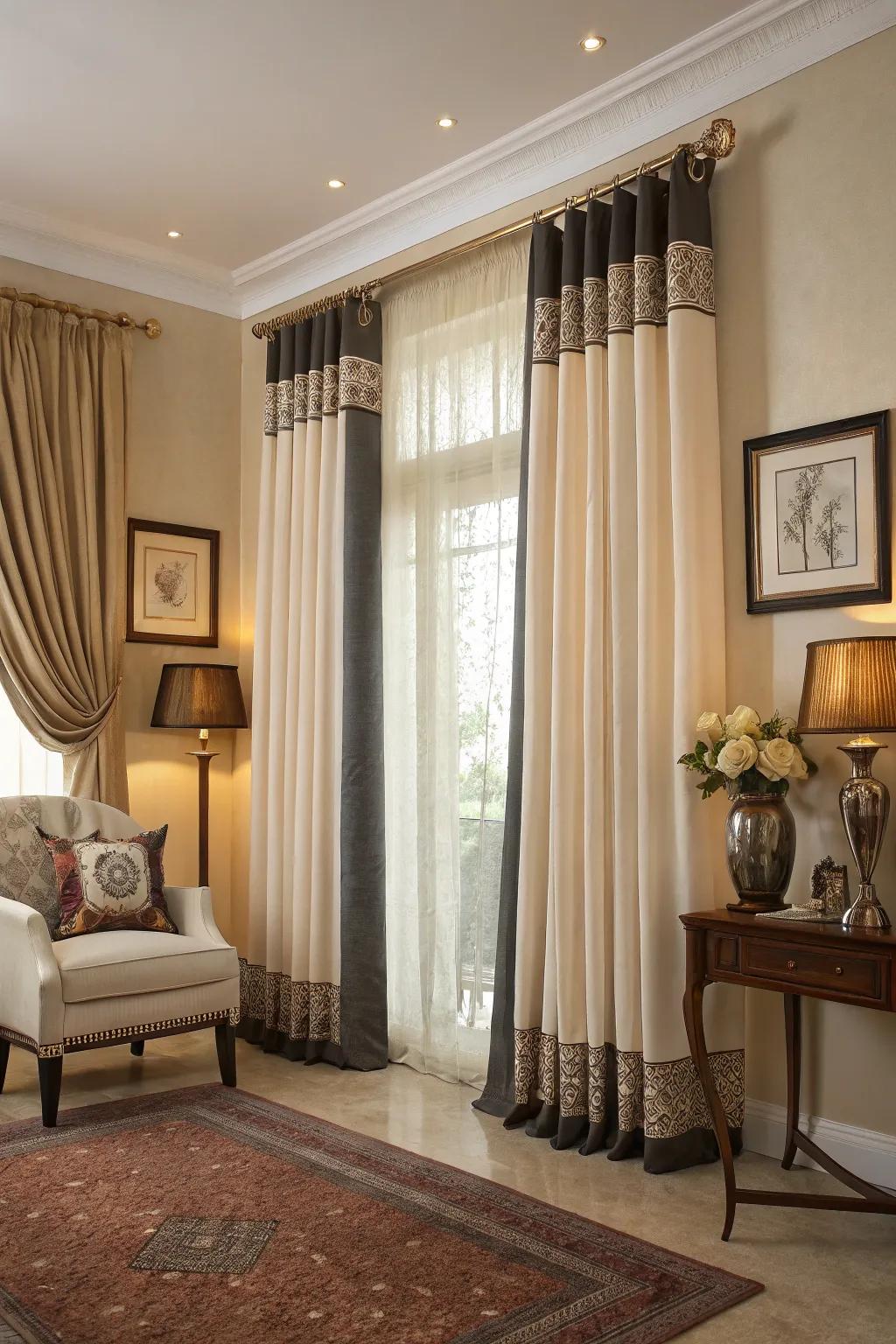 Contrasting edges on window coverings make a subtle yet impactful statement.