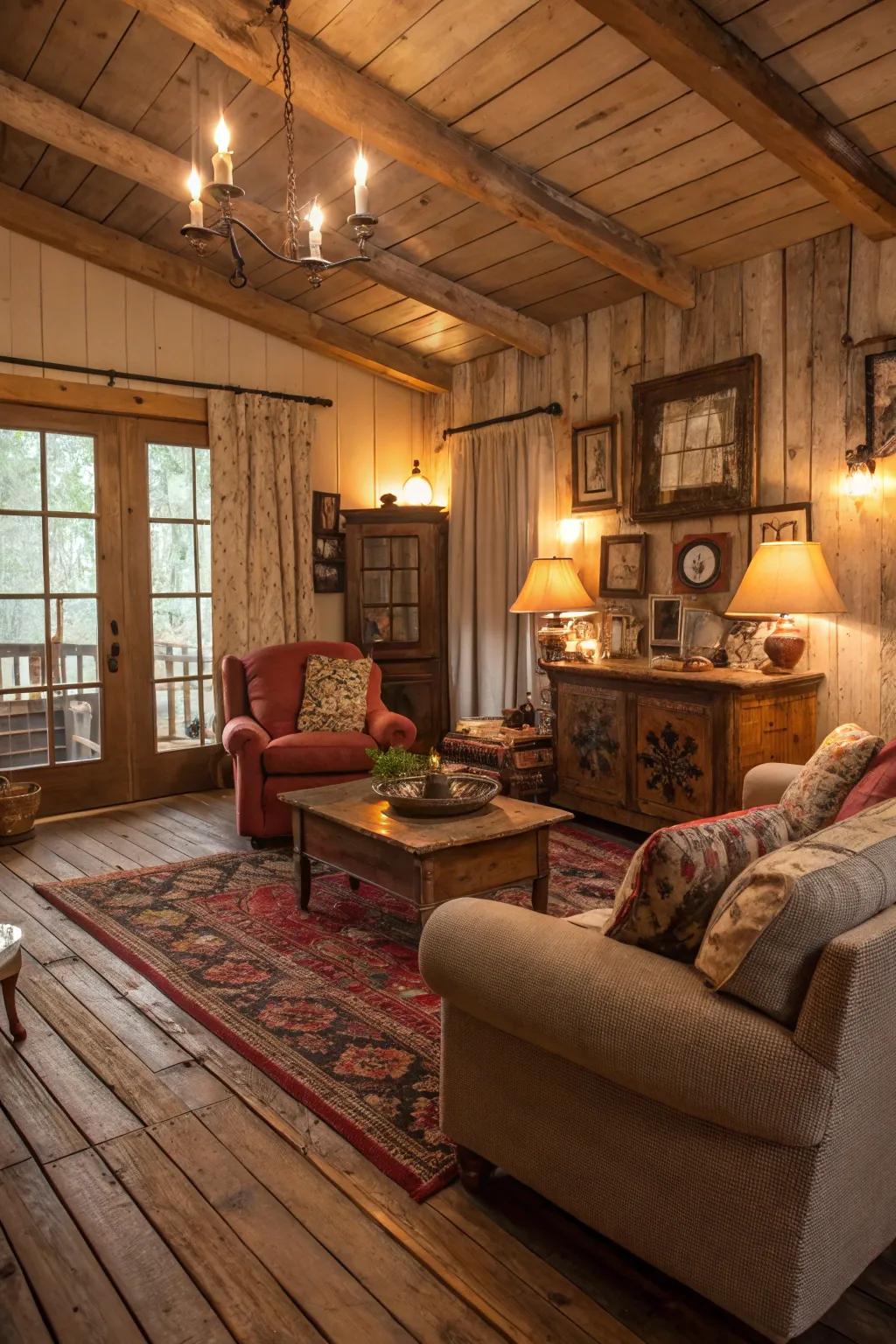 Repurposed timber flooring adds rustic charm and character.