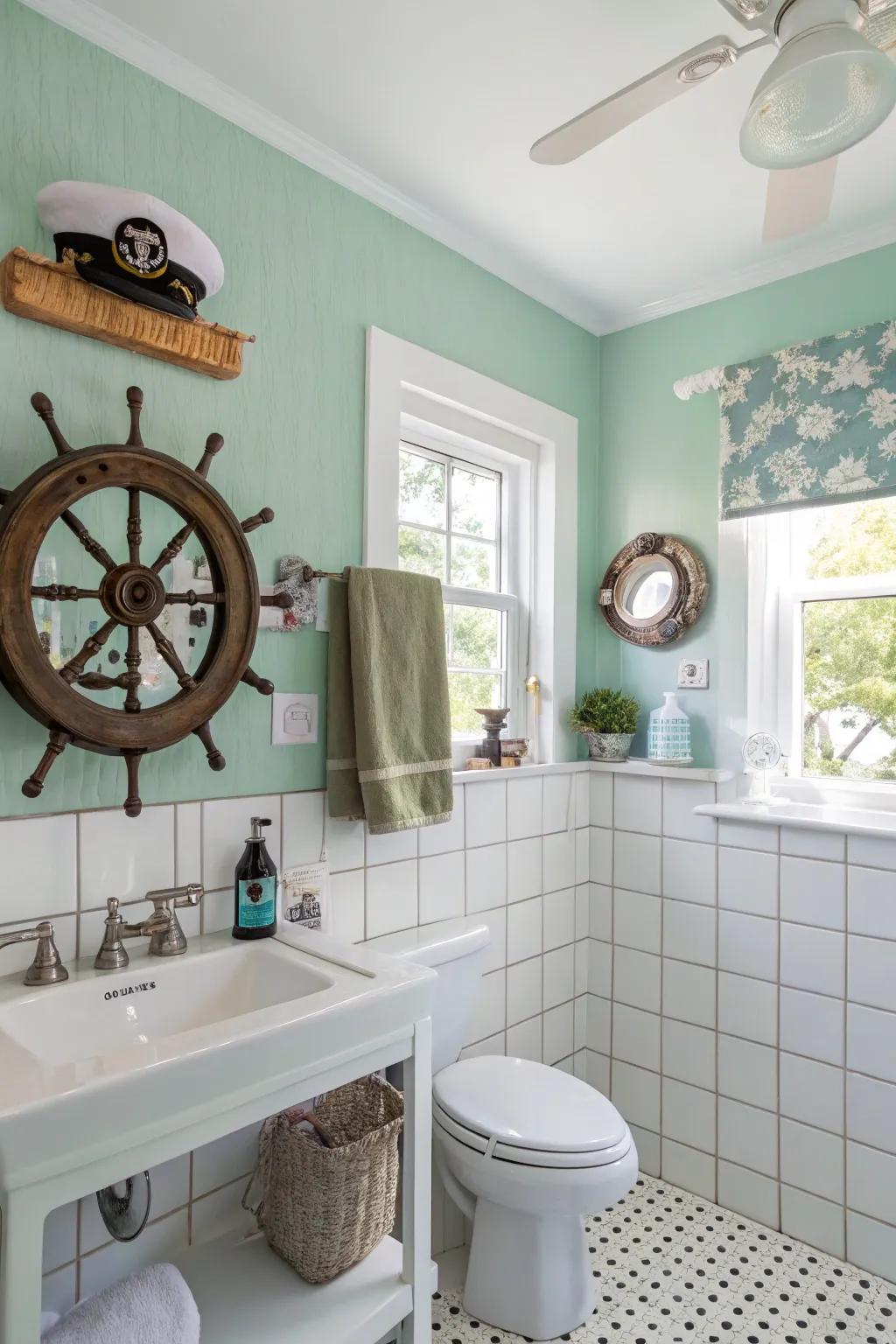 A sea-inspired bathing area featuring peaceful tidewater green walls.