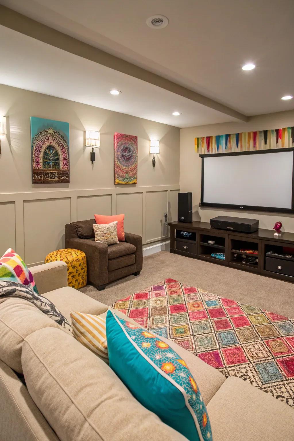 A harmonious blend of neutral and vibrant colors in this inviting theater space.