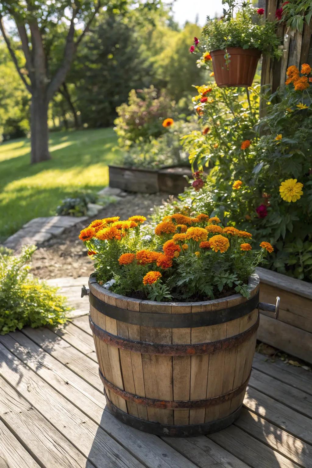 Bright Sunblossoms adding a cheerful touch to a whiskey barrel.