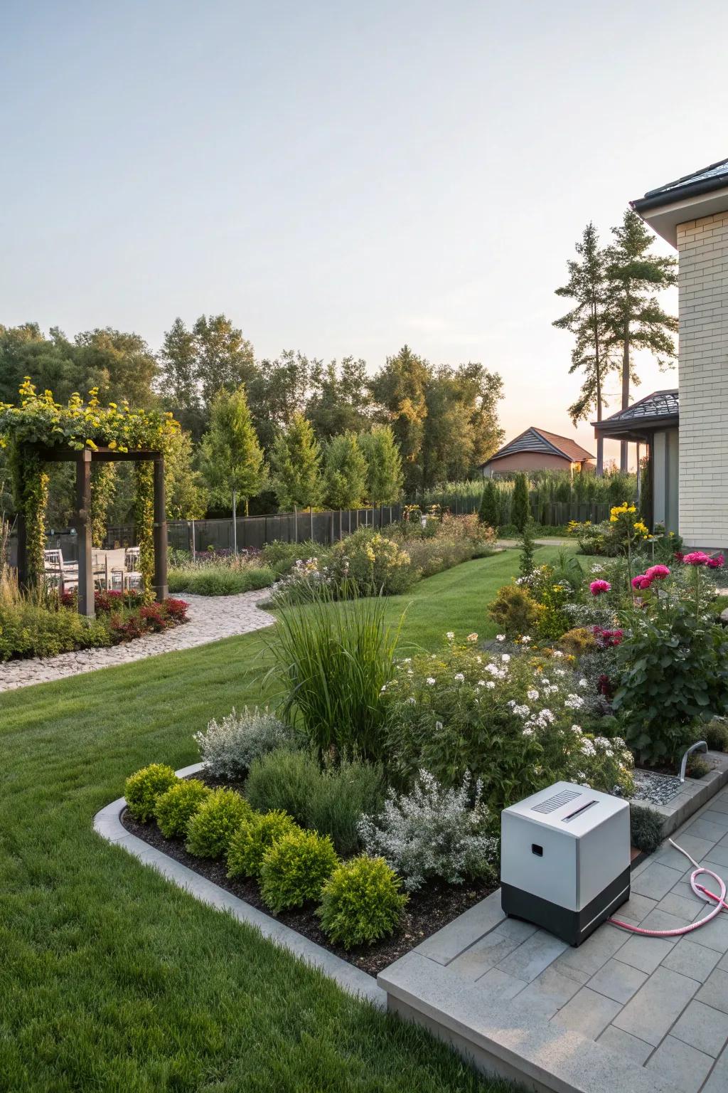 An intelligent garden system ensures a vibrant outdoor space, managing plant care efficiently.