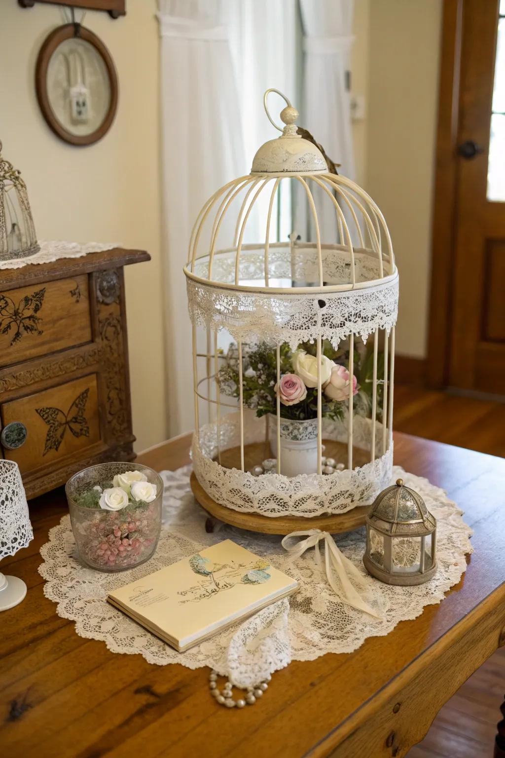 A retro-inspired bird cage centerpiece featuring charming details.