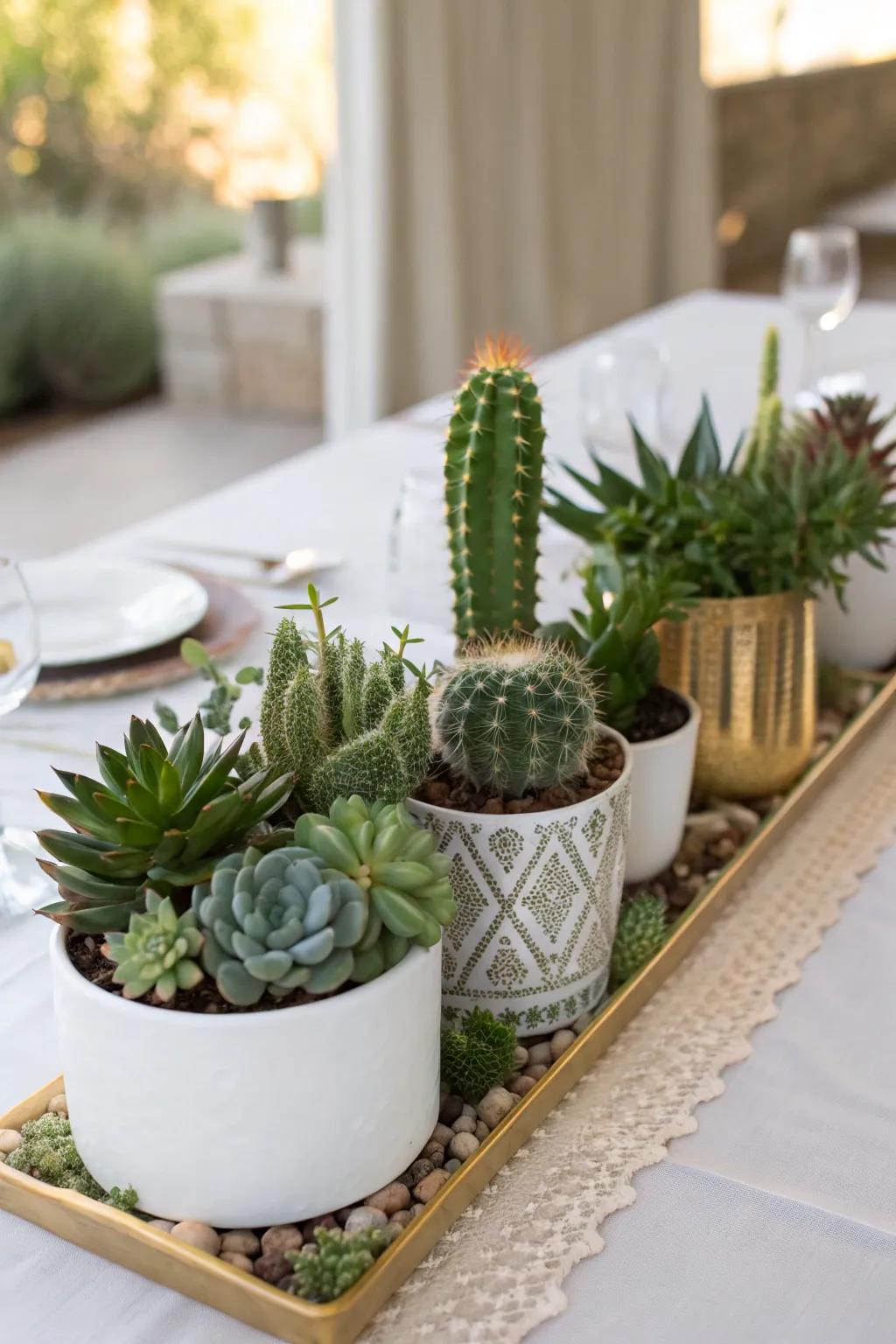 Cacti and succulents offer rich greenery with minimal maintenance.
