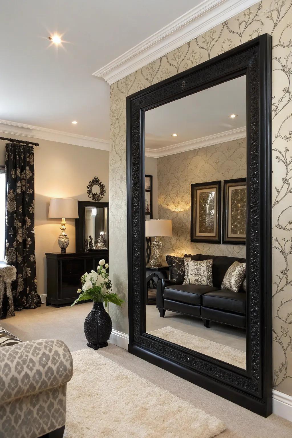 Mirrors reflect light and expand the space in an ebony and ivory living room.