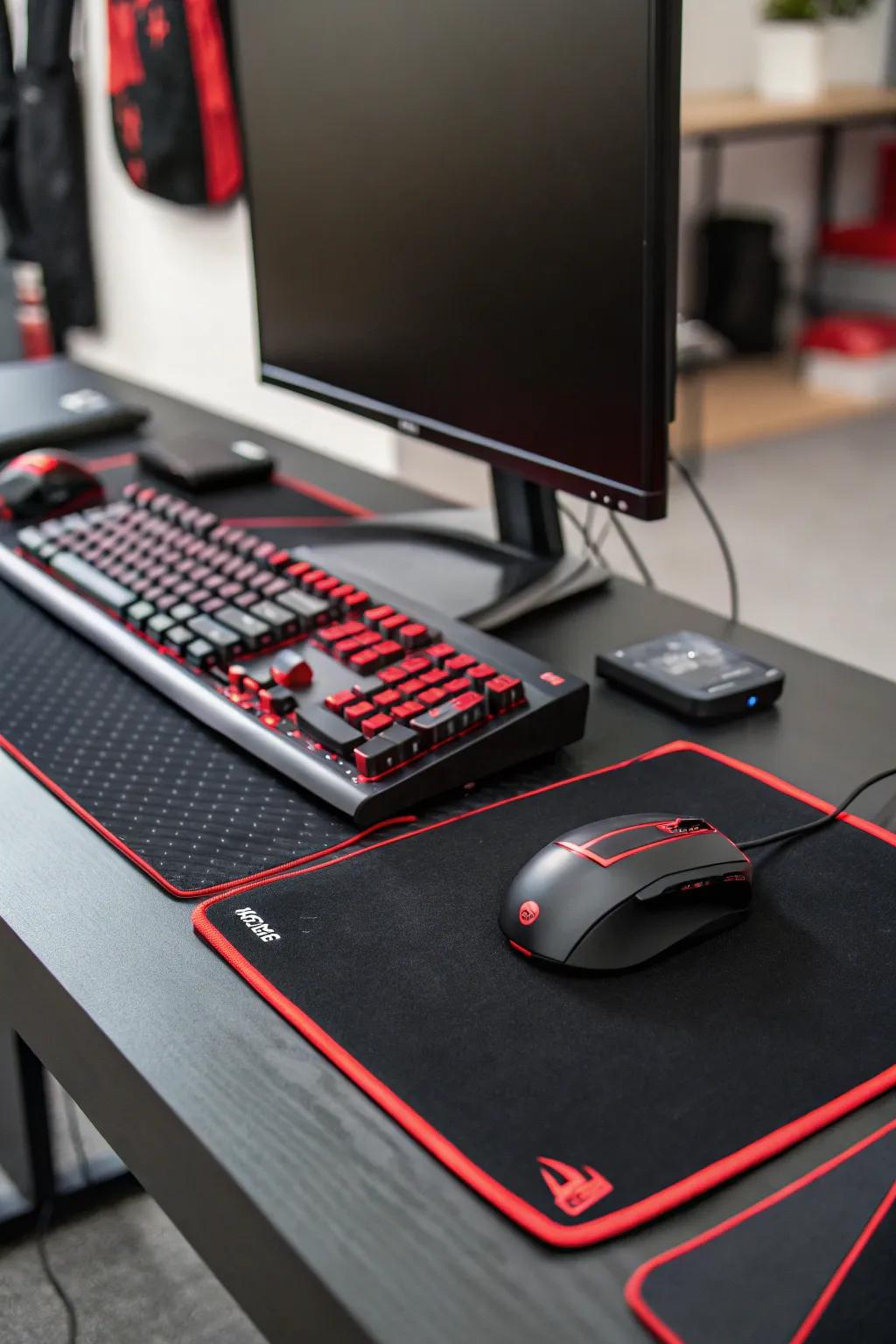 A black gaming desk with red accents serves as the visual center of the setup.