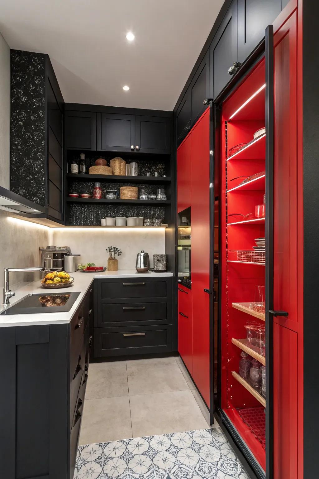 A daring scarlet pantry interior imparts a surprising constituent to the culinary space.