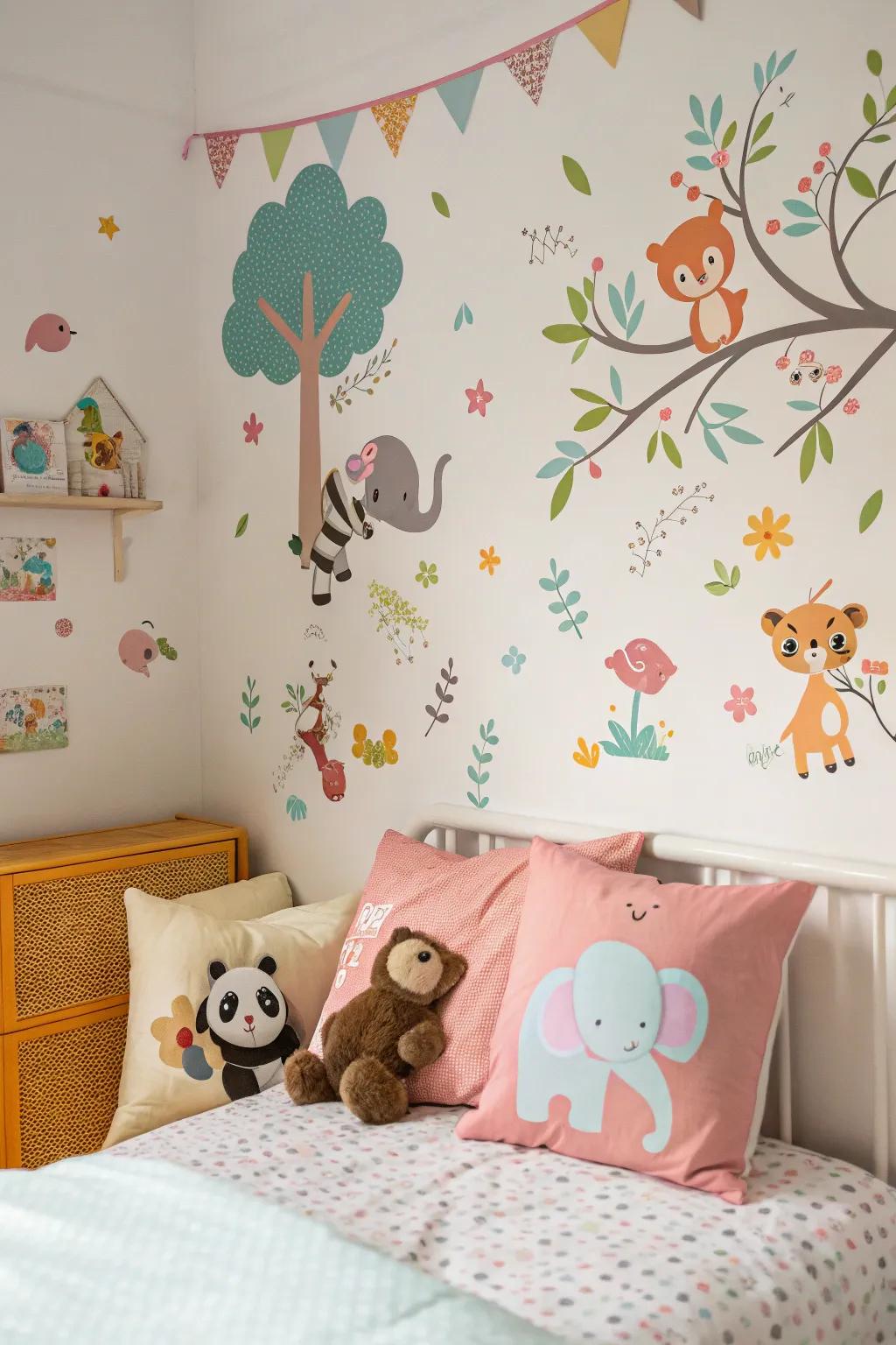 Adorable creature decals bringing joy to a child's quarter.